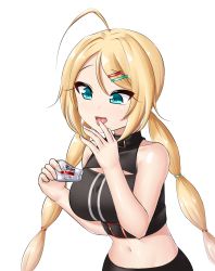 Rule 34 | 1girl, ahoge, black pants, black shirt, black survival, blonde hair, blue eyes, breasts, cleavage cutout, clothing cutout, covered collarbone, crop top, licking, licking finger, medium breasts, midriff, navel, nicky blake, pants, shirt, simple background, solo, twintails, wasun96, white background