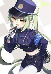 Rule 34 | 1girl, black hat, black shirt, black shorts, black tail, blue archive, blush, cowboy shot, demon tail, earrings, fang, gloves, green hair, green halo, halo, hat, highres, jewelry, long hair, long sleeves, looking at viewer, open mouth, pantyhose, peaked cap, shadowsinking, shirt, shorts, smile, solo, tail, white gloves, white pantyhose, yellow eyes