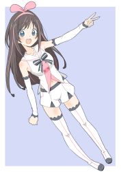 Rule 34 | 1girl, :d, absurdres, bad id, bad twitter id, bare shoulders, black ribbon, blue eyes, blurry, blush, boots, bow, brown hair, depth of field, donguri suzume, dutch angle, full body, hair bow, hairband, head tilt, highres, kizuna ai, kizuna ai inc., long sleeves, looking at viewer, multicolored hair, navel, neck ribbon, open mouth, pigeon-toed, pink bow, pink hairband, purple background, ribbon, round teeth, sailor collar, short shorts, shorts, simple background, smile, solo, streaked hair, teeth, thigh boots, thighhighs, v, virtual youtuber, white footwear, white sailor collar, white shorts