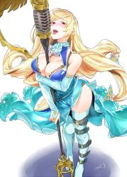 Rule 34 | 1girl, blonde hair, blush, breasts, bridal gauntlets, cleavage, cleavage cutout, clothing cutout, commentary request, elegy (granblue fantasy), granblue fantasy, hair ornament, large breasts, long hair, microphone, microphone stand, no panties, nose blush, red eyes, round teeth, solo, strap, tachikawa negoro, teeth, thighhighs, tongue, tongue out, very long hair, white background