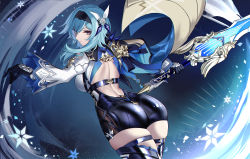 Rule 34 | 1girl, ass, ass focus, black gloves, black hairband, black leotard, black thighhighs, blue cape, blue hair, blush, breasts, cape, eternity (shadeh), eula (genshin impact), genshin impact, gloves, greatsword, hair ornament, hairband, highres, large breasts, leotard, long sleeves, looking at viewer, medium hair, necktie, purple eyes, sidelocks, solo, song of broken pines (genshin impact), sword, thighhighs, thighs, weapon