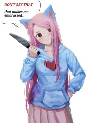 Rule 34 | 1girl, animal ears, black sclera, blood, blood on clothes, blush, cat ears, colored sclera, english text, hand in pocket, highres, himuhino, holding, holding knife, hood, hoodie, knife, long hair, pink hair, pink skirt, red eyes, skirt, solo, speech bubble, with you til the end, yandere, yukari (with you til the end)