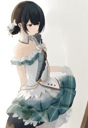 Rule 34 | 1girl, bare shoulders, black hair, blue sky, bow, brown eyes, closed mouth, collar, collarbone, commentary, detached collar, doran (dorannomai), english commentary, fur-trimmed gloves, fur trim, gloves, hair between eyes, hair bun, heart, highres, idolmaster, idolmaster shiny colors, light smile, looking away, looking down, morino rinze, off-shoulder shirt, off shoulder, pleated skirt, shirt, short hair, sidelocks, single hair bun, skirt, sky, solo, standing, striped, striped bow, white bow, white collar, white gloves, white shirt, wing collar