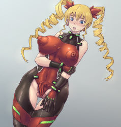 Rule 34 | 10s, 1girl, bare shoulders, black gloves, blonde hair, blue eyes, blush, bodysuit, breasts, bulge, claire harvey, covered erect nipples, covered navel, drill hair, earrings, flaccid, futanari, gloves, grey background, highres, hundred (light novel), jewelry, large breasts, long hair, mahou-ya, open mouth, penis, puffy nipples, shiny clothes, solo, testicles, twin drills, uncensored