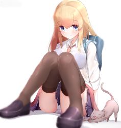 Rule 34 | 10s, 1girl, animal, arm support, arms at sides, atago (kancolle), bag, between legs, black footwear, black skirt, black thighhighs, blonde hair, blurry, blush, boruhis, bra, breasts, cat, character check, closed mouth, clothes around waist, collared shirt, depth of field, dress shirt, eyebrows, eyelashes, jacket, jacket around waist, kantai collection, knees together feet apart, knees up, large breasts, loafers, long hair, looking at viewer, miniskirt, necktie, no headwear, panties, pantyshot, pleated skirt, ribbon-trimmed skirt, ribbon trim, school bag, see-through, shiny clothes, shirt, shoes, simple background, sitting, skirt, sleeves rolled up, smile, stretching, striped necktie, striped neckwear, thighhighs, underwear, white background, white panties, white shirt
