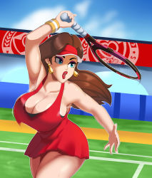 Rule 34 | 1girl, absurdres, arm up, armpits, bare shoulders, black shirt, blue eyes, bouncing breasts, breasts, brown hair, cleavage, collarbone, donkey kong (series), dress, earrings, eyelashes, eyeshadow, glint, gold earrings, hat, highres, holding, holding racket, jewelry, large breasts, linkxs, lips, lipstick, long hair, looking to the side, makeup, mario (series), mario tennis, mario tennis aces, monitor, nintendo, open hand, open mouth, outdoors, outline, pauline (mario), racket, red dress, red hat, red lips, shirt, short dress, sideboob, sleeveless, sleeveless dress, solo, steaming body, sweat, sweat stain, sweatband, sweaty clothes, teeth, tennis, tennis court, tennis racket, thick eyebrows, thighs, undershirt, upper teeth only, visor cap, white outline, white wristband, wristband, yellow wristband