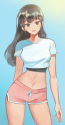 Rule 34 | 1girl, absurdres, black eyes, black hair, blue background, blush, contrapposto, cowboy shot, crop top, drawstring, gradient background, highres, light smile, long hair, midriff, navel, original, parted lips, pink shorts, prock, shirt, short sleeves, shorts, solo, teeth, upper teeth only, white shirt