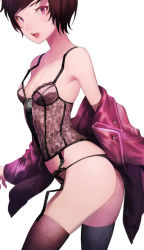Rule 34 | 1girl, armpits, bare shoulders, black panties, black thighhighs, bright pupils, brown hair, camisole, collarbone, flat chest, floral print, from side, garter straps, jacket, leaning forward, long sleeves, looking at viewer, looking to the side, off shoulder, open clothes, open jacket, open mouth, original, panties, pink eyes, pink jacket, salmon88, short hair, simple background, solo, standing, strap gap, thighhighs, underwear, white background