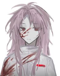 Rule 34 | 1boy, blood, blood on clothes, blood on face, closed mouth, expressionless, eyes visible through hair, hatsutori hajime, high collar, long hair, looking at viewer, male focus, pale skin, parted bangs, pink hair, red eyes, renlei laiji, saibou shinkyoku, shirt, simple background, sketch, solo, white background, white shirt