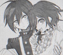 Rule 34 | 2boys, 9999bet, :d, ahoge, buttons, candy, carrying, checkered clothes, checkered scarf, danganronpa (series), danganronpa v3: killing harmony, double-breasted, food, greyscale, hair between eyes, hair over one eye, holding person, lollipop, looking at viewer, male focus, medium hair, monochrome, multiple boys, open mouth, oma kokichi, princess carry, saihara shuichi, scarf, short hair, smile, sweatdrop, teeth, upper teeth only, yaoi
