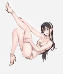 Rule 34 | 1girl, alternate costume, bare legs, bare shoulders, bikini, black hair, blush, breasts, commentary request, full body, glasses, gold bikini, grey background, hairband, high heels, highres, kantai collection, leg up, legs up, long hair, looking at viewer, ooyodo (kancolle), parted lips, simple background, small breasts, smile, solo, strappy heels, swimsuit, white hairband, yuuji (and)