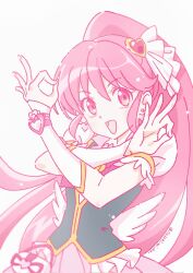 Rule 34 | 1girl, aino megumi, brooch, cure lovely, earrings, hair ornament, happinesscharge precure!, heart, heart brooch, heart earrings, heart hair ornament, highres, jewelry, long hair, low wings, magical girl, pink hair, pink skirt, ponytail, precure, puffy short sleeves, puffy sleeves, short sleeves, skirt, smile, solo, sugimoto miho, watch, wide ponytail, wings, wristwatch