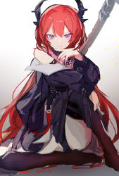 Rule 34 | 1girl, arknights, black jacket, black panties, black socks, black thighhighs, closed mouth, commentary request, frown, full body, gradient background, grey background, highres, horns, jacket, kneehighs, long hair, long sleeves, looking at viewer, no shoes, off shoulder, panties, purple eyes, red hair, shinonome nemu (nemulog sn), simple background, sitting, socks, solo, sparks, surtr (arknights), thighhighs, underwear, very long hair, weapon, weapon on back, white background