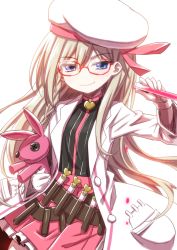 Rule 34 | 1girl, alternate costume, blonde hair, blue eyes, blush, braid, glasses, gretel (mary skelter), hair ornament, hat, long hair, looking at viewer, mary skelter, mizunashi (second run), solo, stuffed animal, stuffed rabbit, stuffed toy, test tube