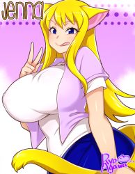 Rule 34 | 1girl, agawa ryou, animal ears, artist name, blonde hair, blue eyes, breasts, cat ears, cat girl, cat tail, covered erect nipples, female focus, huge breasts, long hair, shirt, skirt, solo, standing, tail, tongue, v