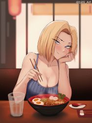 Rule 34 | android 18, biitii, blonde hair, blue eyes, blush, bowl, breasts, chopsticks, cleavage, dragon ball, dragonball z, food, forehead, head rest, highres, large breasts, light smile, looking at viewer, making-of available, noodles, ramen, restaurant, sitting, smile, solo, tank top, twitter username