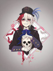 Rule 34 | 10s, 1boy, artist name, blood, bow, bowtie, braid, fangs, feathers, gloves, grey background, hat, highres, lest karr, long hair, male focus, multicolored hair, owari no seraph, pointy ears, red eyes, red hair, skull, solo, teeth, twin braids, two-tone hair, upper body, very long hair, white hair