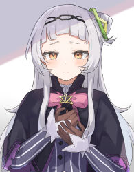 Rule 34 | 1girl, absurdres, black capelet, black hairband, black shirt, bow, bowtie, brown gloves, capelet, closed mouth, commentary request, gloves, grey background, hair bun, hairband, highres, hololive, light blush, long hair, looking at viewer, murasaki shion, murasaki shion (1st costume), oisiimizu, orange eyes, pink bow, pink bowtie, shirt, side bun, single side bun, solo, striped clothes, striped shirt, upper body, virtual youtuber, white background, white hair, yellow eyes