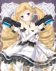 Rule 34 | 1girl, aq interactive, arcana heart, arcana heart 2, atlus, bare shoulders, breasts, cleavage, dress, drill hair, dual wielding, examu, gun, holding, jewelry, long hair, necklace, petra johanna lagerkvist, solo, very long hair, weapon