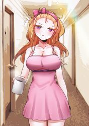 Rule 34 | 1girl, absurdres, assam (girls und panzer), blonde hair, blush, breasts, cleavage, coffee, cup, dress, girls und panzer, highres, holding, holding cup, indoors, large breasts, long hair, looking at viewer, mizzterbii, open mouth, pink dress, purple eyes, sleepy, solo