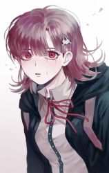 Rule 34 | 1girl, backpack, bad id, bad twitter id, bag, black jacket, black shirt, blush, breasts, collared shirt, commentary request, crying, crying with eyes open, danganronpa (series), danganronpa 2: goodbye despair, dress shirt, flipped hair, hair ornament, hairclip, highres, hood, hooded jacket, jacket, looking at viewer, medium hair, nanami chiaki, open mouth, pink eyes, pink hair, ribbon, shirt, shirt tucked in, simple background, solo, spaceship hair ornament, tears, upper body, white shirt, wonchul