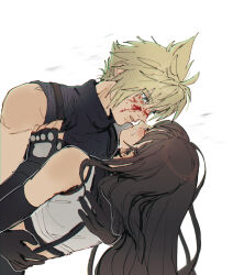 Rule 34 | 1boy, 1girl, blonde hair, blood, blood on face, blue eyes, brown hair, clothes grab, cloud strife, couple, crop top, crying, eye contact, final fantasy, final fantasy vii, final fantasy vii remake, hetero, hug, long hair, looking at another, pudelmudel, shirt, sleeveless, sleeveless turtleneck, spiked hair, tank top, tifa lockhart, turtleneck, white shirt