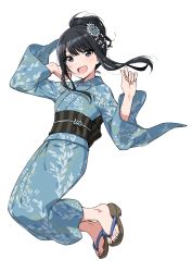 Rule 34 | 1girl, :d, black hair, blue eyes, commentary request, floral print, flower, full body, geta, hair flower, hair ornament, high ponytail, highres, idolmaster, idolmaster shiny colors, japanese clothes, kazano hiori, kimono, looking at viewer, mole, mole under mouth, nagami tami, obi, open mouth, sandals, sash, smile, solo, white background, wide sleeves