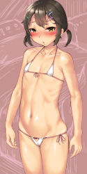 Rule 34 | 1girl, absurdres, bikini, black hair, blush, brown eyes, cleft of venus, collarbone, dated, flat chest, front-tie top, hair ornament, hairclip, highres, imazon, looking at viewer, micro bikini, navel, open mouth, original, outie navel, ribs, short hair, short twintails, side-tie bikini bottom, skindentation, skinny, solo, standing, swimsuit, twintails, white bikini