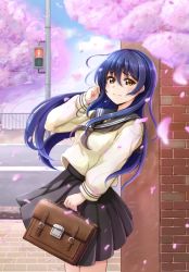 Rule 34 | 1girl, arm up, bag, blue hair, ca ba ya ki, cherry blossoms, commentary request, hair between eyes, highres, holding, holding bag, long hair, long sleeves, looking at viewer, love live!, love live! school idol project, neckerchief, outdoors, petals, sailor collar, school uniform, serafuku, solo, sonoda umi, wind, yellow eyes