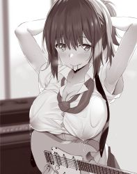 Rule 34 | 1girl, adjusting hair, armpits, arms behind head, arms up, blush, breasts, cleavage, covered erect nipples, electric guitar, fender stratocaster, greyscale, guitar, highres, instrument, lactation, lactation through clothes, large breasts, long hair, looking at viewer, monochrome, necktie, noripachi, original, ponytail, smile, solo, sweat, upper body