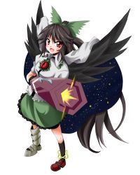 Rule 34 | 1girl, absurdres, asymmetrical clothes, asymmetrical footwear, black hair, bow, female focus, full body, hair bow, hair ribbon, highres, hirayama-h, long hair, mismatched footwear, open mouth, red eyes, reiuji utsuho, ribbon, smile, solo, touhou, transparent background, wings