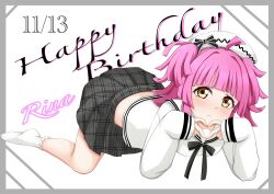 Rule 34 | 1girl, ahoge, black bow, black bowtie, black skirt, blunt bangs, blunt ends, bow, bowtie, checkered clothes, checkered skirt, commentary, dated, expressionless, happy birthday, hat, highres, kinnikku, legs, light blush, long sleeves, looking at viewer, love live!, love live! nijigasaki high school idol club, medium hair, no shoes, pink hair, sailor collar, shirt, sidelocks, skirt, sleeves past wrists, socks, solo, tennoji rina, thighs, top-down bottom-up, twintails, white background, white hat, white sailor collar, white shirt, white socks, yellow eyes