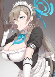 Rule 34 | 1girl, apron, asuna (blue archive), black dress, blue archive, blue ribbon, blush, bow, bowtie, breasts, censored, cleavage, dark-skinned male, dark skin, dress, elbow gloves, fellatio, gloves, halo, headphones, hetero, highres, large breasts, light brown hair, long hair, maid headdress, mku, mole, mole on breast, mosaic censoring, neck ribbon, oral, penis, puffy short sleeves, puffy sleeves, ribbon, short sleeves, testicles, white apron, white gloves