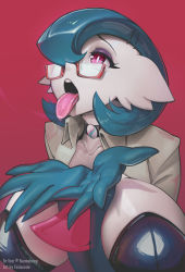 Rule 34 | 1girl, absurdres, alternate color, black bra, blue hair, bob cut, bra, breasts, choker, creatures (company), cupping hands, dr. voir (nanosheep), feliscede, game freak, gardevoir, gen 3 pokemon, glasses, hair ornament, hairclip, hairpin, highres, lab coat, large breasts, makeup, mega stone, nintendo, open clothes, open mouth, open shirt, own hands together, pokemon, pokemon (creature), red-framed eyewear, red background, red eyes, semi-rimless eyewear, simple background, solo, tongue, tongue out, underwear