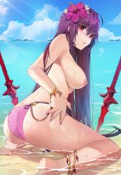 Rule 34 | 1girl, ahoge, anklet, ass, back, bikini, blue sky, bracelet, breasts, cloud, damda, fate/grand order, fate (series), flower, hair between eyes, hair flower, hair intakes, hair ornament, hibiscus, horizon, jewelry, large breasts, long hair, looking back, nail polish, nipples, ocean, outdoors, partially submerged, pink bikini, purple bikini, purple hair, red eyes, scathach (fate), scathach (fate/grand order), scathach (swimsuit assassin) (fate), sky, solo, swimsuit, topless, very long hair