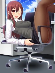 Rule 34 | 1girl, ;d, ass, bad id, bad pixiv id, blush, breasts, brown eyes, brown hair, brown pantyhose, chair, legs, legs up, long hair, looking at viewer, lying, neri sachiko, office chair, office lady, on back, one eye closed, open mouth, original, pantyhose, red eyes, sitting, skirt, smile, solo, swivel chair, uniform