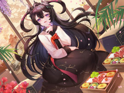 Rule 34 | 1girl, ahoge, bento, black hair, earrings, epic seven, flower, food, food art, hair ornament, hanbok, hanh chu, highres, jewelry, korean clothes, long hair, nail polish, new year, open mouth, pantyhose, paper wall, petals, purple eyes, purple nails, red flower, solo, specter tenebria (dark tyrant) (epic seven), specter tenebria (epic seven), tako-san wiener, tenebria (epic seven), wisteria