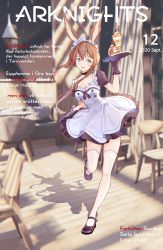 Rule 34 | 1girl, absurdres, amiya (arknights), animal ears, arknights, black choker, black dress, black footwear, black gloves, black ribbon, blue eyes, blurry, blurry background, breasts, brown hair, cafe, ceiling light, chain, choker, cleavage, commentary request, copyright name, cover, danish text, dress, food, gloves, hand up, highres, holding, holding tray, ice cream, long hair, magazine cover, maid, maid headdress, parted lips, rabbit ears, ribbon, shadow, short sleeves, skirt hold, smile, solo, standing, standing on one leg, sundae, table, teeth, thighhighs, translation request, tray, white background, white dress, white thighhighs, xianjiu