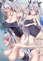 Rule 34 | 1boy, 1girl, :o, abs, alternate costume, antenna hair, arm grab, arm under breasts, ass, azur lane, bare shoulders, black ribbon, blue one-piece swimsuit, blush, breasts, cleavage, collarbone, covered navel, doggystyle, hair ribbon, hand under clothes, hand under swimsuit, hetero, large breasts, long hair, looking at viewer, multicolored hair, multiple views, nipple stimulation, nipple tweak, nipples, one-piece swimsuit, open mouth, orange eyes, parted lips, pectorals, pool, prinz eugen (azur lane), red hair, ribbon, sex, sex from behind, sideboob, silver hair, sleeveless, streaked hair, swimsuit, teeth, tile wall, tiles, two side up, urayama (backmountain), water