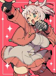 Rule 34 | 1girl, ahoge, blue eyes, blush, breasts, choker, commentary, dress, elphelt valentine, fingerless gloves, gloves, guilty gear, guilty gear strive, highres, holding, holding microphone, itsuka neru, jacket, large breasts, long sleeves, microphone, no nose, one eye closed, open clothes, open jacket, open mouth, outline, pink background, pointing, red jacket, short dress, short hair, solo, spiked choker, spiked headband, spiked jacket, spiked legwear, spikes, standing, star-shaped pupils, star (symbol), symbol-shaped pupils, thigh strap, white dress, white hair