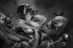 Rule 34 | 1girl, 1s44c, absurdres, arms behind head, arms up, bare shoulders, bob cut, breasts, eyeliner, fangs, fate/grand order, fate (series), gourd, greyscale, headpiece, highres, horns, japanese clothes, kimono, looking at viewer, makeup, monochrome, navel, oni, open clothes, open kimono, parted lips, photoshop (medium), revealing clothes, revision, short eyebrows, short hair, shuten douji (fate), sideboob, skin-covered horns, small breasts, smile, solo, sword, weapon, wide sleeves