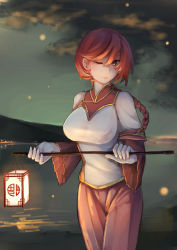 Rule 34 | 1girl, ;), absurdres, braid, breasts, brown eyes, chinese clothes, chinese lantern, cowboy shot, fireflies, highres, lantern, large breasts, long hair, looking at viewer, mole, mole under eye, nelson (warship girls r), night, one eye closed, red hair, single braid, smile, solo, swept bangs, warship girls r, water, wide sleeves, yan wen zi