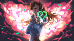Rule 34 | 1girl, animal print, artist name, backlighting, bad id, bad pixiv id, blue bodysuit, bodysuit, breasts, brown eyes, brown hair, commentary request, d.va (overwatch), explosion, facepaint, facial mark, gloves, glowing, grey background, headphones, heart, high collar, highres, hologram, index finger raised, long hair, looking at viewer, medium breasts, moxhum, open mouth, overwatch, overwatch 1, pilot suit, pixel heart, pixelated, pointing, pointing at viewer, rabbit print, ribbed bodysuit, shoulder pads, signature, skin tight, smile, solo, swept bangs, upper body, wallpaper, whisker markings, white gloves