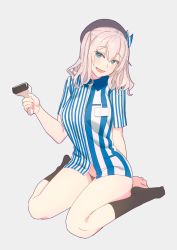 Rule 34 | 1girl, :d, barcode scanner, beret, black panties, black socks, blue eyes, breasts, bright pupils, employee uniform, full body, grey background, hat, head tilt, highres, kantai collection, kashima (kancolle), large breasts, lawson, medium hair, no pants, open mouth, panties, shirt, simple background, sitting, smile, socks, solo, striped clothes, striped shirt, underwear, uniform, vertical-striped clothes, vertical-striped shirt, wariza, white pupils, yuuji (and)