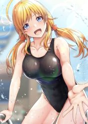 Rule 34 | 1girl, aga marino, ahoge, black one-piece swimsuit, blonde hair, blue eyes, blurry, blurry background, breasts, commentary request, competition swimsuit, cowboy shot, hachimiya meguru, idolmaster, idolmaster shiny colors, large breasts, looking at viewer, low twintails, one-piece swimsuit, smile, solo, splashing, swimsuit, twintails, water