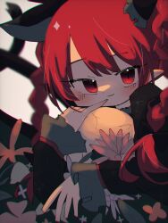 Rule 34 | 1girl, :3, animal ears, black dress, blurry, blush, braid, cat ears, cat tail, depth of field, dress, extra ears, flower, highres, holding, holding skull, kaenbyou rin, kagiyama0303, looking at viewer, multiple tails, pointy ears, red eyes, red hair, simple background, skull, slit pupils, tail, touhou, twin braids, two tails