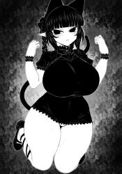 Rule 34 | 1girl, :i, adapted costume, animal ears, black bow, black ribbon, blunt bangs, blush, bow, braid, breasts, cat ears, cat tail, closed mouth, dress, extra ears, feet up, full body, greyscale, hair bow, hair ribbon, hands up, haseru (ginku mh), kaenbyou rin, large breasts, leg ribbon, looking at viewer, monochrome, multiple tails, nekomata, no panties, pointy ears, ribbon, short dress, simple background, solo, tail, touhou, tress ribbon, tsurime, twin braids, twintails, two tails, wrist cuffs