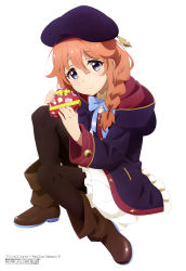 Rule 34 | 1girl, absurdres, beret, black hat, black pantyhose, blue coat, boots, braid, brown footwear, candy, chocolate, chocolate heart, closed mouth, coat, collared shirt, food, hair ribbon, hat, heart, highres, holding, holding chocolate, holding food, looking at viewer, matatabeat, megami magazine, official art, orange hair, pantyhose, princess connect!, purple eyes, ribbon, scan, school uniform, shirt, simple background, skirt, smile, solo, valentine, white background, white shirt, white skirt, yuni (princess connect!)