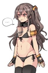 Rule 34 | ..., 1girl, armband, arms at sides, bikini, black bikini, black gloves, black thighhighs, breasts, brown eyes, brown hair, bubble tea challenge, cowboy shot, detached collar, drinking, front-tie bikini top, front-tie top, girls&#039; frontline, gloves, groin, hair between eyes, highres, justeeeeth, long hair, navel, one side up, scar, scar across eye, scar on face, shaded face, side-tie bikini bottom, sidelocks, skindentation, small breasts, solo, spoken ellipsis, stomach, suction cups, swimsuit, thighhighs, ump45 (girls&#039; frontline)
