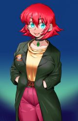 Rule 34 | 1girl, absurdres, belt, blue background, blue eyes, breasts, casual, choker, coat, commentary request, earrings, gem, gradient background, green coat, hands in hair, highres, jewelry, large breasts, long coat, looking at viewer, n1rv ann-a, open mouth, pants, patch, pink pants, red hair, sam (n1rv ann-a), samutora mike, short hair, smile, solo, turtleneck
